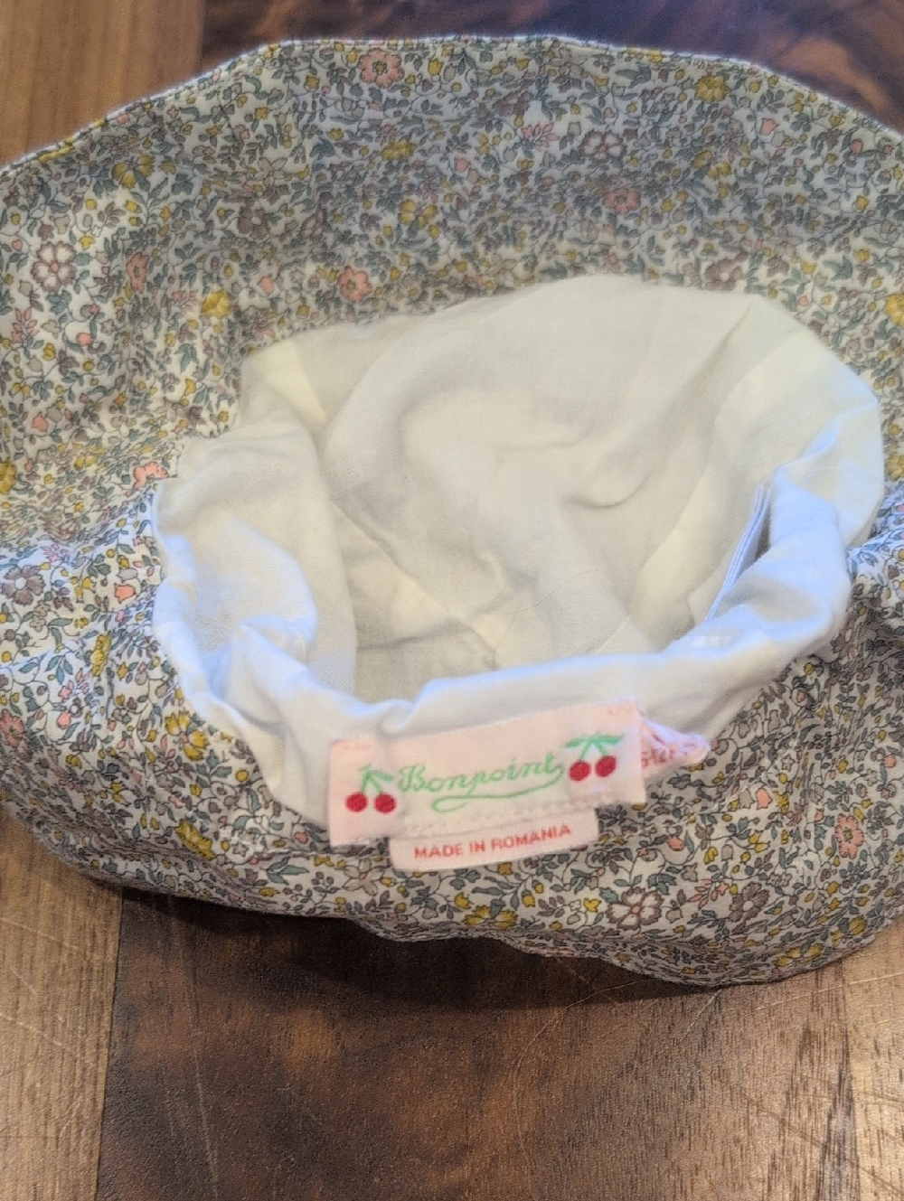 Bonpoint Cream Floral Kids Sun Hat with Pink Cherry Label